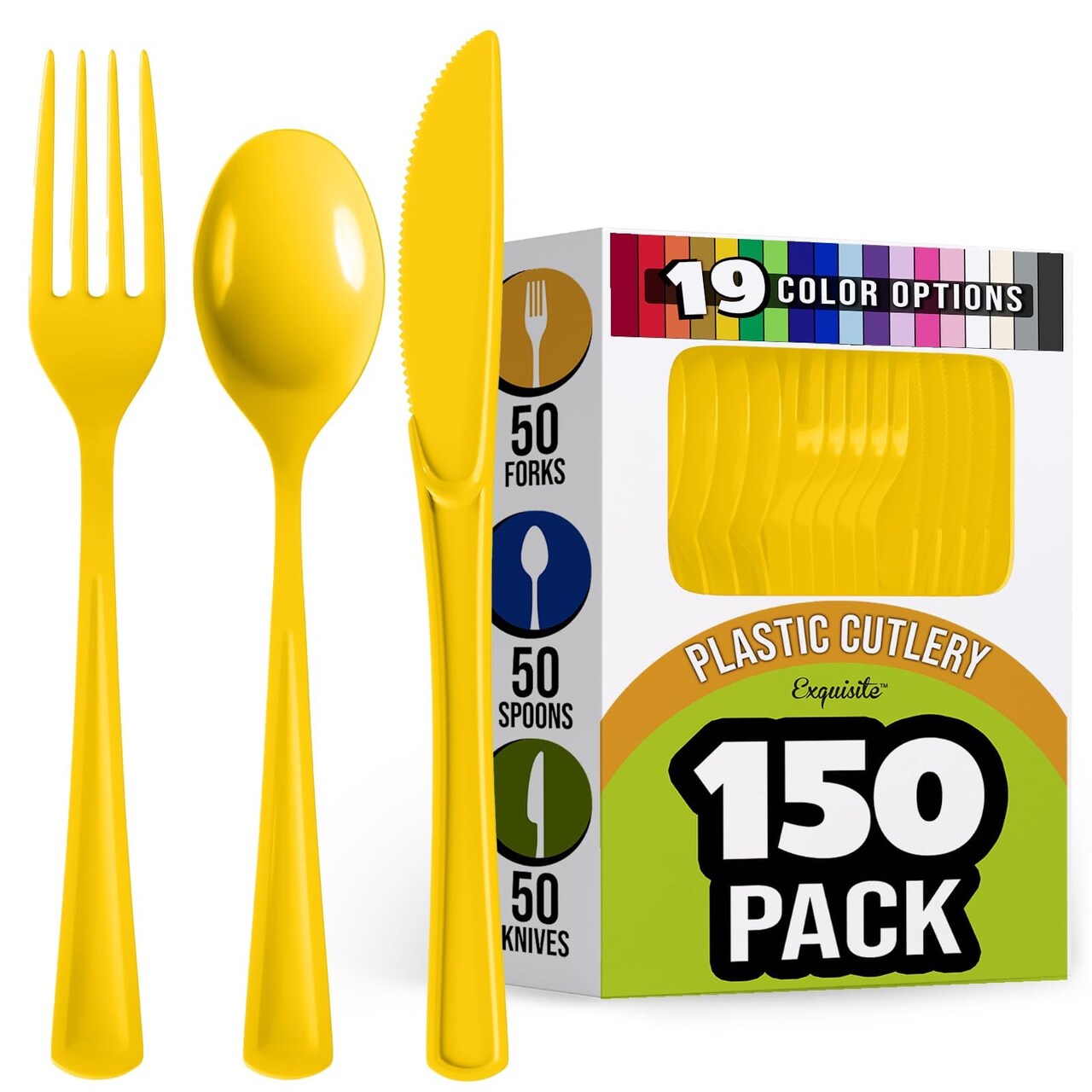 Exquisite Polished Plastic Silverware – 150 Pcs Heavy Duty Cutlery Set – 50 Each of Forks, Knives & Spoons – Disposable Utensil Set for Parties, Events & Catering – Flatware Set by Party Solids